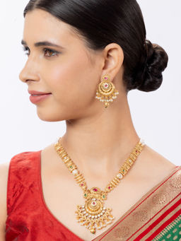 Niscka - Gold Plated Rajwadi Antique Golden Rani Haar Necklace with Earrings (Set of 2)
