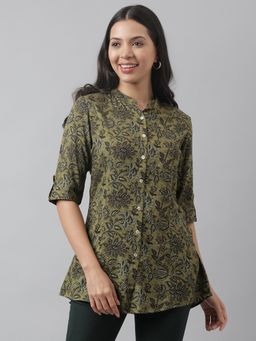Divena - Olive Floral Printed Rayon A-Line Shirt Style Top
