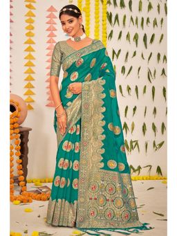 Sangam Prints - Teal Organza Woven Zari Work Traditional Tassel Saree with Unstitched Blouse