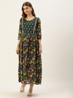 Vinya - Green & Yellow Floral Print Yoke Maternity Dress