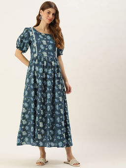Vinya - Blue Kantha Print Cotton Maternity Dress