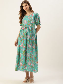 Vinya - Turquoise Kantha Print Cotton Maternity Dress
