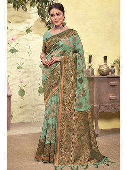 Sangam Prints - Light Green Cotton Woven Zari Work Traditional Tassel Saree with Unstitched Blouse