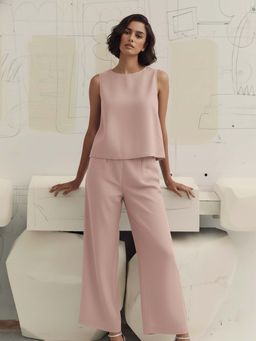 AOBA - Pink Solid Round Neck Top & Trousers Co-ord Set