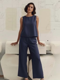 AOBA - Women Navy Blue Linen Blend Solid Co-Ord Set