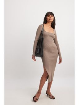 NA-KD - Taupe Square Neck Midi Slit Dress (XS)