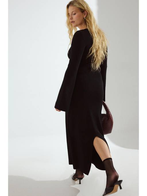 Buy NA-KD Black Fine Knitted Trumpet Sleeve Midi Dress (XS) Online