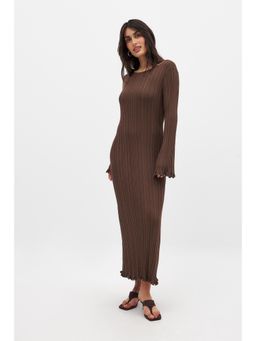 NA-KD - Brown Knitted Round Neck Frill Maxi Dress