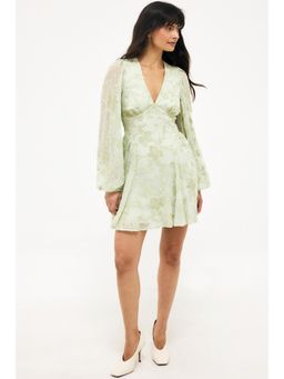 NA-KD - Sage Green Embroidered Chiffon Long Sleeve Mini Dress