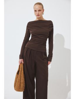 NA-KD - Brown Long Sleeve Draped Jersey Top