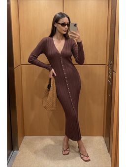NA-KD - Brown Knitted Cardigan Midi Dress