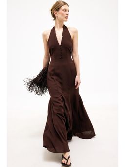 NA-KD - Dark Brown Halter Neck Button Front Maxi Dress
