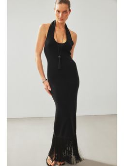NA-KD - Black Knitted Halter Neck Fringe Dress