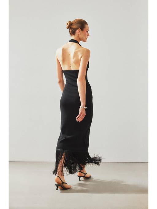 Buy NA-KD Black Knitted Halter Neck Fringe Dress (XS) Online