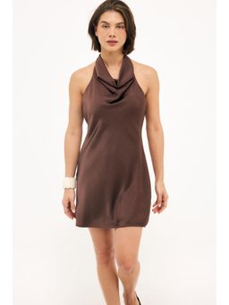 NA-KD - Brown Halter Neck Draped Satin Mini Dress