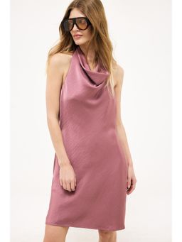 NA-KD - Mauve Halter Neck Draped Satin Mini Dress