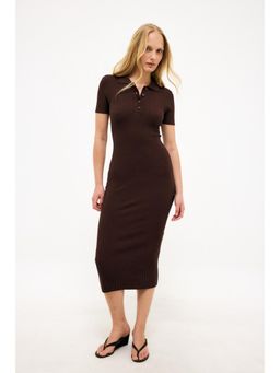 NA-KD - Brown Knitted Short Sleeve Button Dress