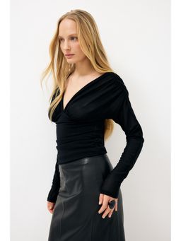 NA-KD - Black Rouched Long Sleeve Jersey Top