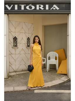 NA-KD - Mustard Halter Neck Wrap Detail Maxi Dress