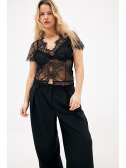 NA-KD - Black Lace Jersey Top