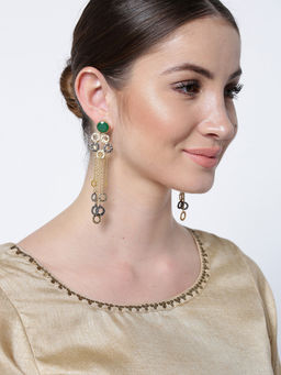 Priyaasi - Green & Grey Gold Plated Taselled Drop Earrings