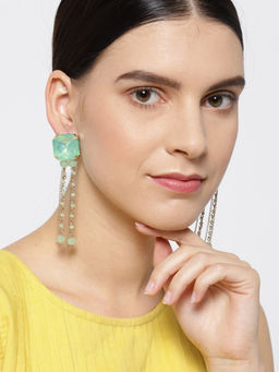 Priyaasi - Sea Green Stone Studded Tasselled Drop Earrings