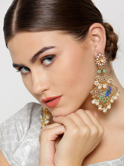 Priyaasi - Green & Pink Stone Studded Peacock Shaped Drop Earrings