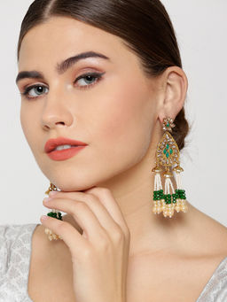 Priyaasi - Green & White Teardrop Shaped Drop Earrings