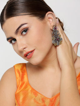 Priyaasi - Antique Silver Peacock Shape Drop Earrings