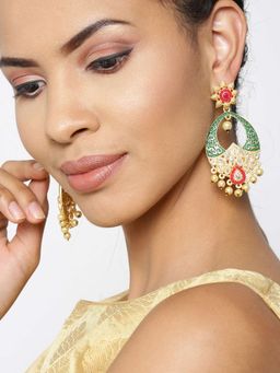 Priyaasi - Green & Red Stone Studded Drop Earrings