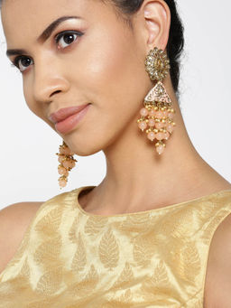 Priyaasi - Peach Beaded Gold Plated Drop Earrings
