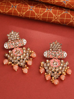Priyaasi - Coral Pink Floral Pattern Beaded Drop Earrings