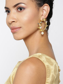 Priyaasi - Dual Toned Leaf Pearl Drop Drop Earrings