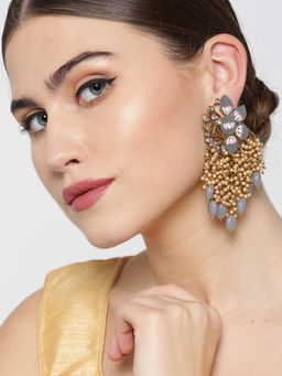 Priyaasi - Beige & Grey Beaded Kundan Floral Drop Earrings