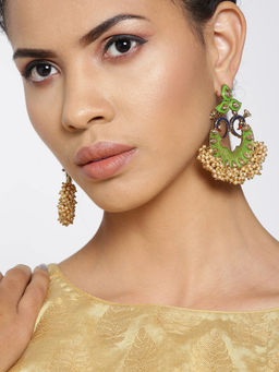 Priyaasi - Green Peacock Shaped Beaded Drop Earrings