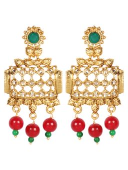Priyaasi - Gold-Plated Leaf Pattern Maroon Beaded Drop Earring