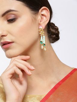 Priyaasi - Gold Plated Green Self Designed Teardrop Shaped Earrings