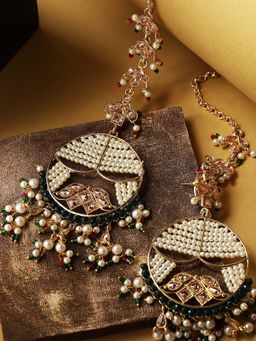 Priyaasi - Off-White & Green Gold-Plated Beaded Circular Drop Earrings with Chain