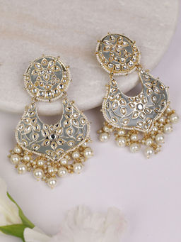 Priyaasi - Kundan Studded and Beaded Grey Colored Earrings