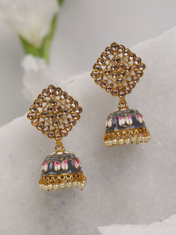 Priyaasi - Grey Colored Kundan Studded and Beaded Earrings
