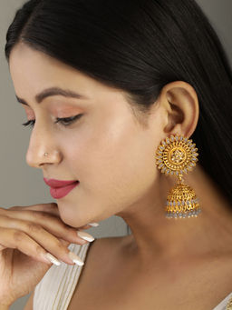 Priyaasi - Grey Stone Studded Floral Jhumka Earrings