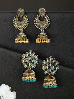 Priyaasi - Combo Set of 2 Blue Beads Gold Plated Traditional Jhumka Earring