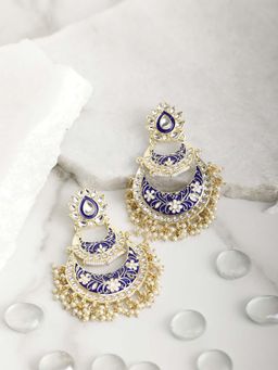 Priyaasi - Blue Kundan Beads Gold Plated Floral Traditional Jhumka Earring