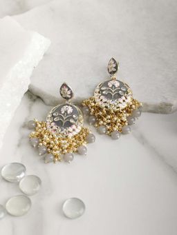 Priyaasi - Grey Pearls Beads Kundan Gold Plated Floral Traditional Drop Earring