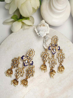 Priyaasi - Pink Blue Kundan Beads Gold Plated Drop Earring