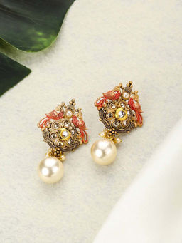 Priyaasi - Pink Kundan Pearls Gold Plated Peacock Drop Earring