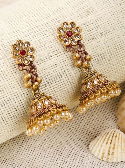 Priyaasi Red Kundan Beads Gold Plated Floral Jhumka Earring