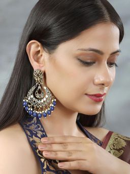 Priyaasi - Pearls Sapphire Mirror Studded Gold Plated Chandbali Earring