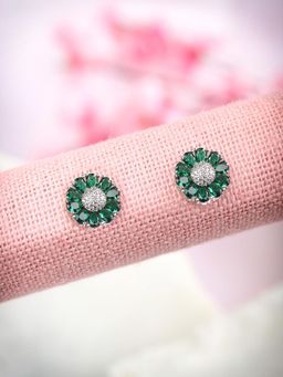 Priyaasi - Green American Diamond Cubic Zirconia Silver Plated Stud Earring