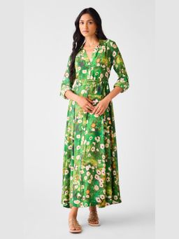 Basanti Kapde aur Koffee - Green Muslin Floral Long A Line Dress